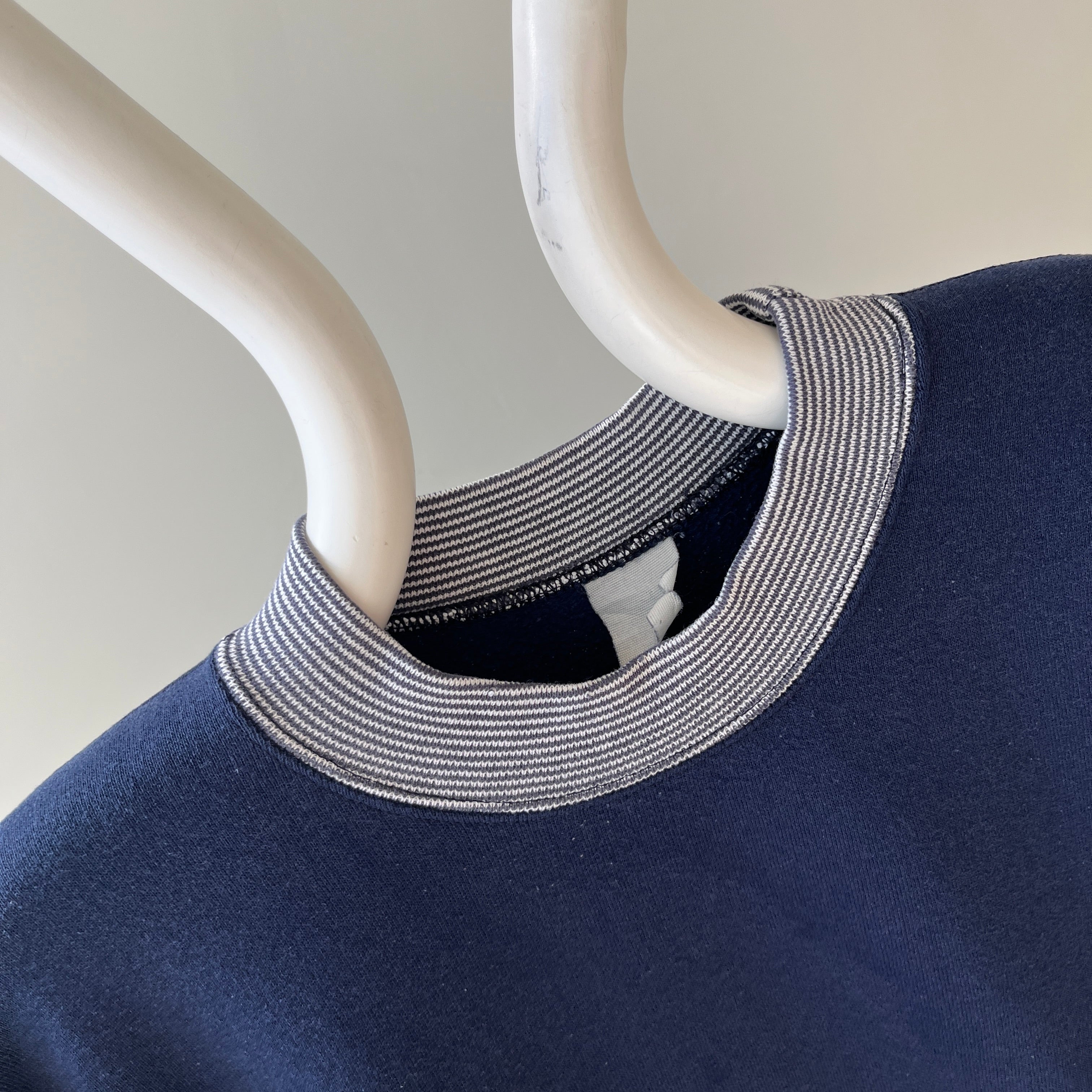 1980/90s Blank Navy Heavyweight Sweatshirt with Striped Collar and Cuffs - !!!