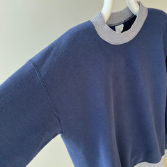 1980/90s Blank Navy Heavyweight Sweatshirt with Striped Collar and Cuffs - !!!