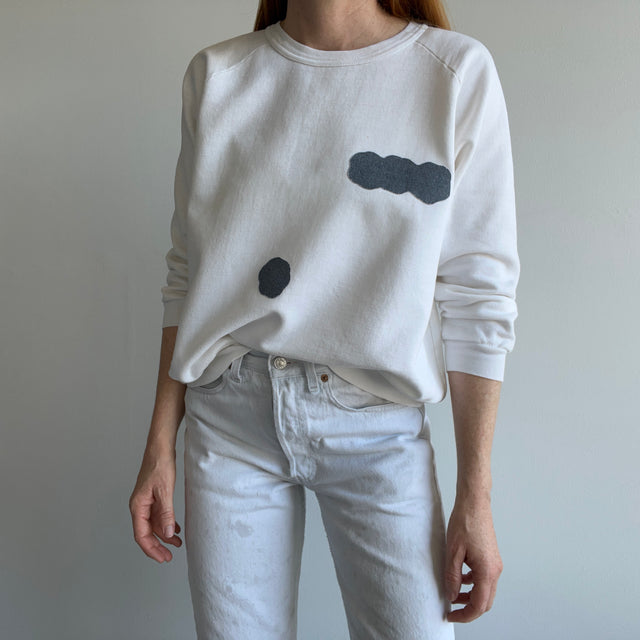 1970s DIY Denim Cloud Patch Sweatshirt with a Rolled Neck