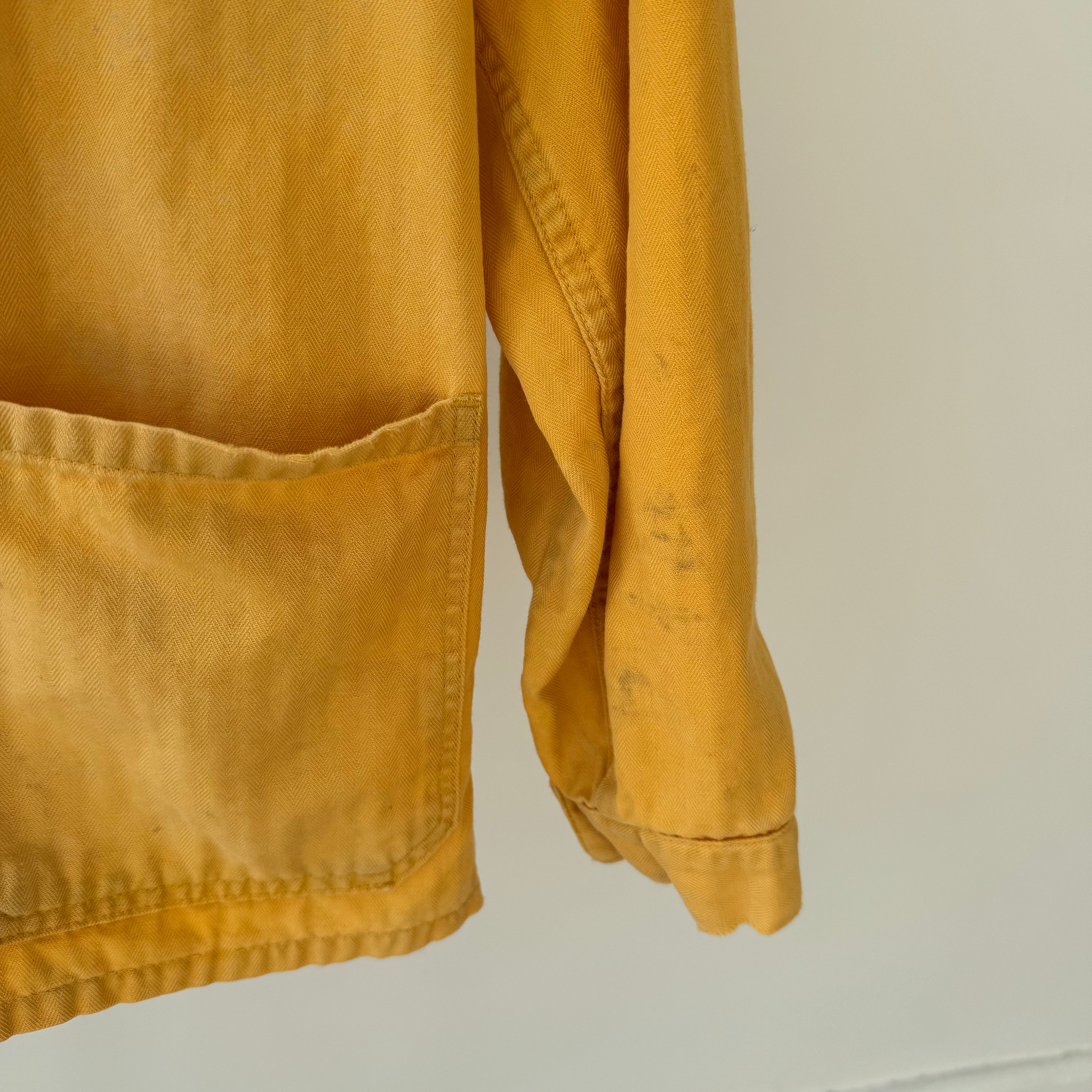 1970s Canary Yellow Herringbone Twill French European Chore Coat - RARE!!! STAINED!!!