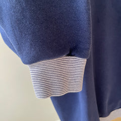 1980/90s Blank Navy Heavyweight Sweatshirt with Striped Collar and Cuffs - !!!