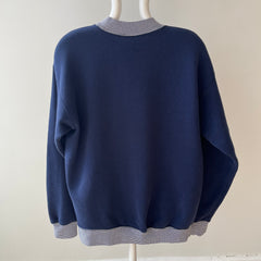 1980/90s Blank Navy Heavyweight Sweatshirt with Striped Collar and Cuffs - !!!