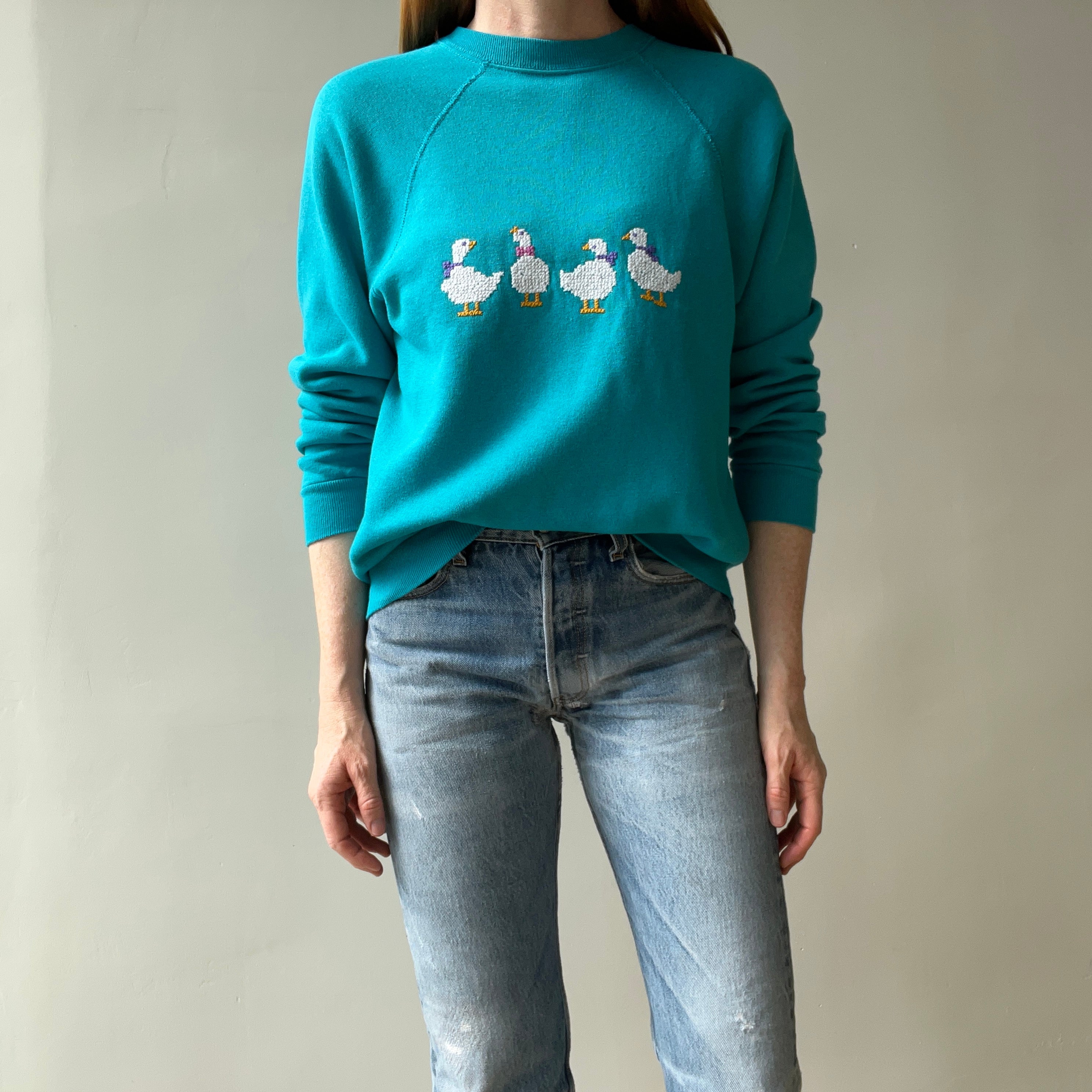 1980s DIY Needlepoint (?) Goose (?) Sweatshirt