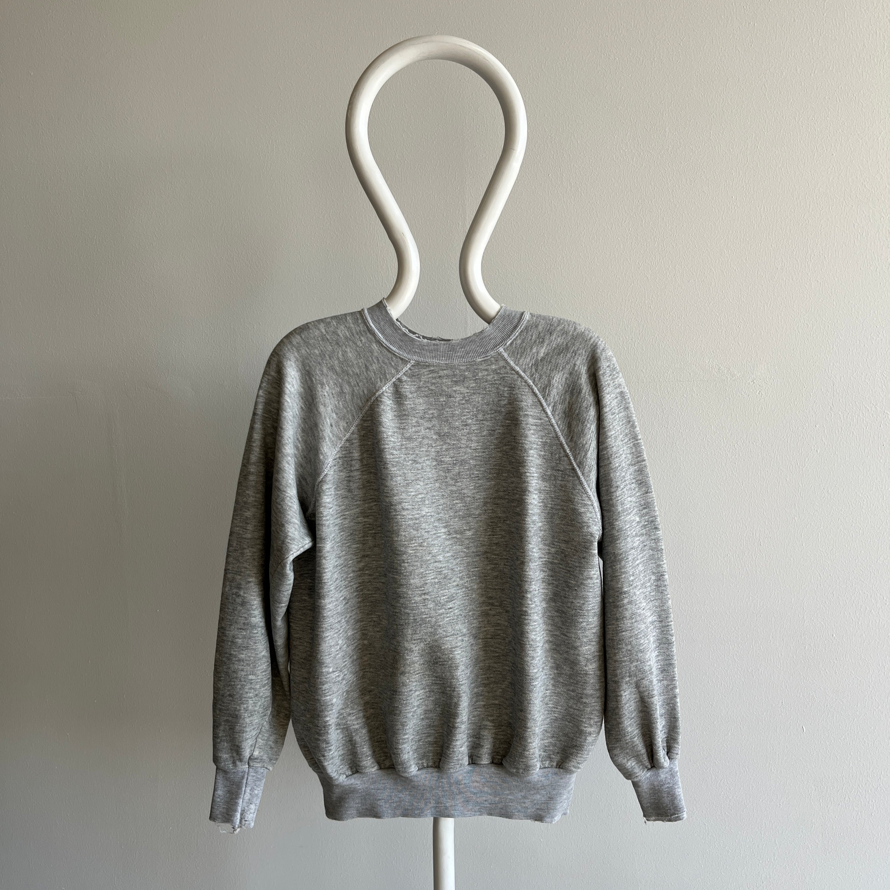 1980s Nicely Tattered Split Collar Blank Gray Sweatshirt