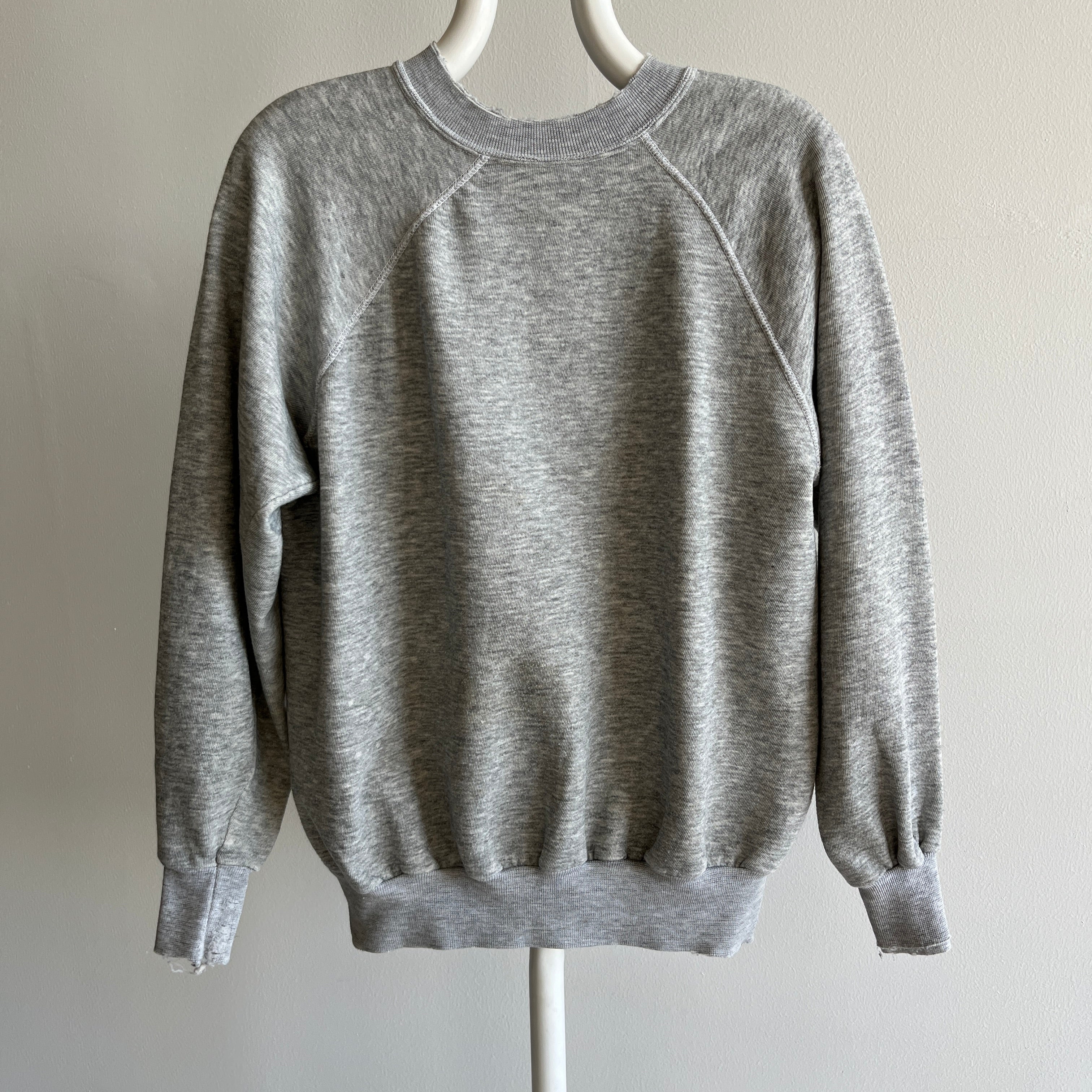 1980s Nicely Tattered Split Collar Blank Gray Sweatshirt