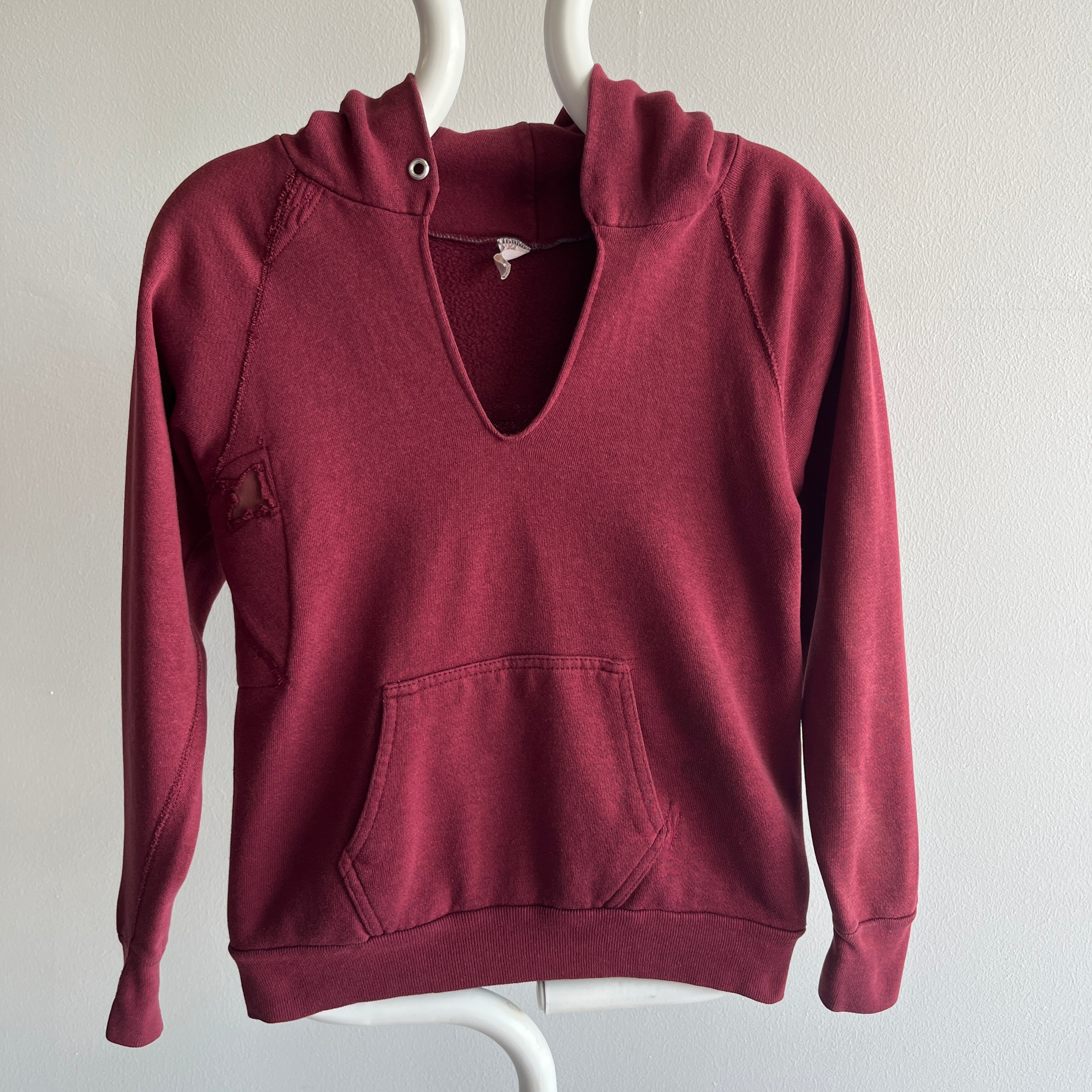 1980s Burgundy Mended Beyond In The Coolest Way DIY V-Neck Hoodie by Tultex