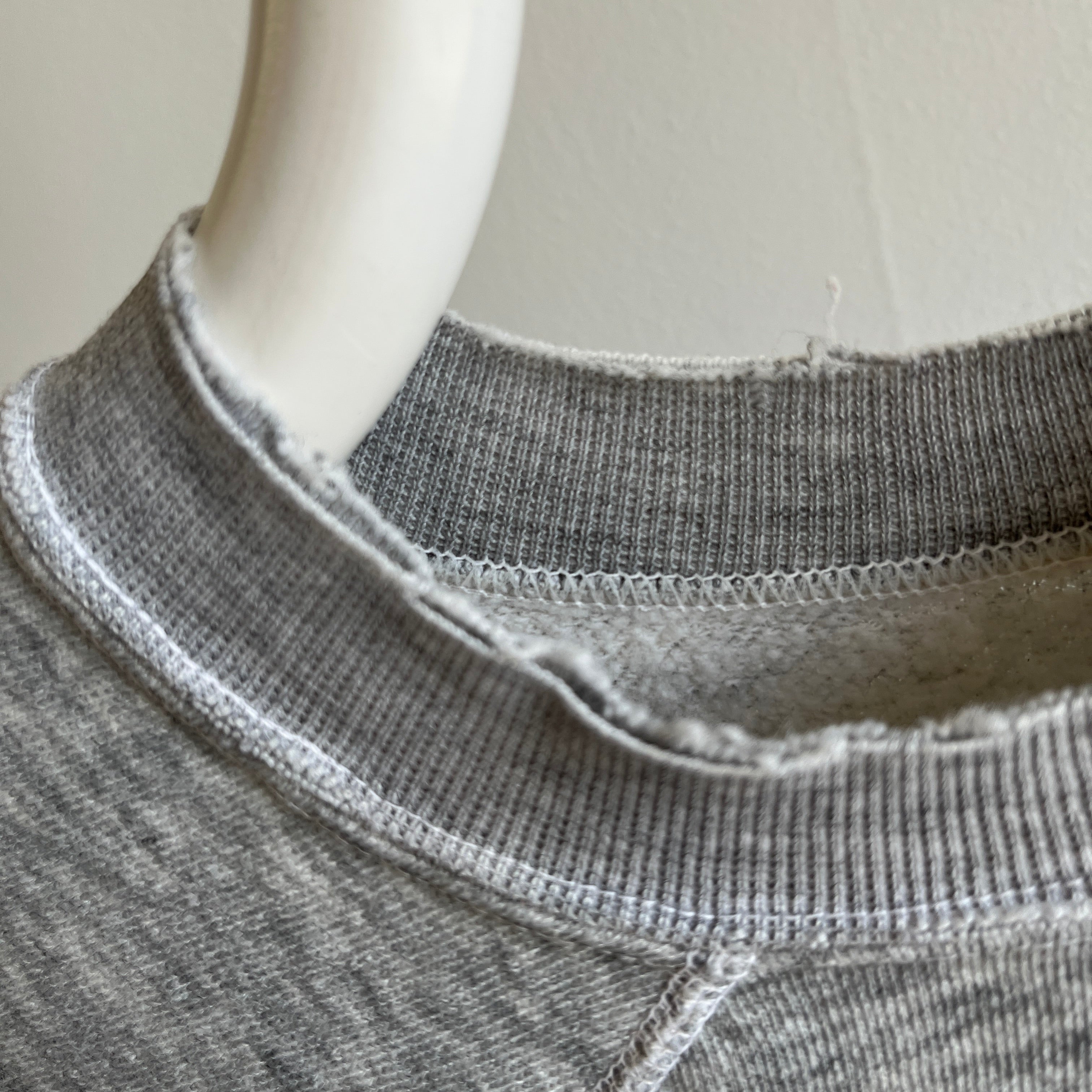 1980s Nicely Tattered Split Collar Blank Gray Sweatshirt