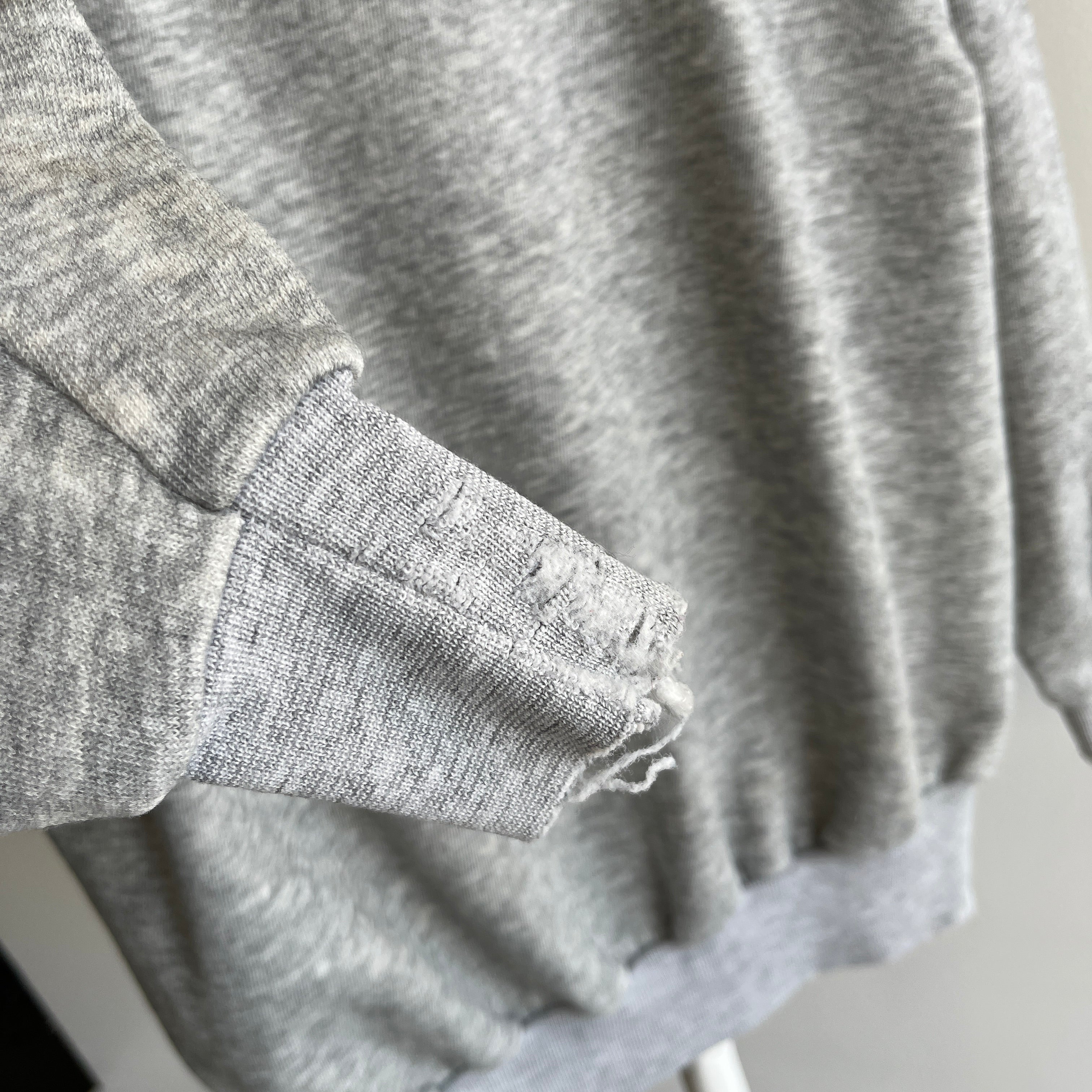 1980s Nicely Tattered Split Collar Blank Gray Sweatshirt