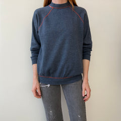 1980s Faded Gray/Blue Navy Sweatshirt with Orange Contrast Stitching - A Beauty