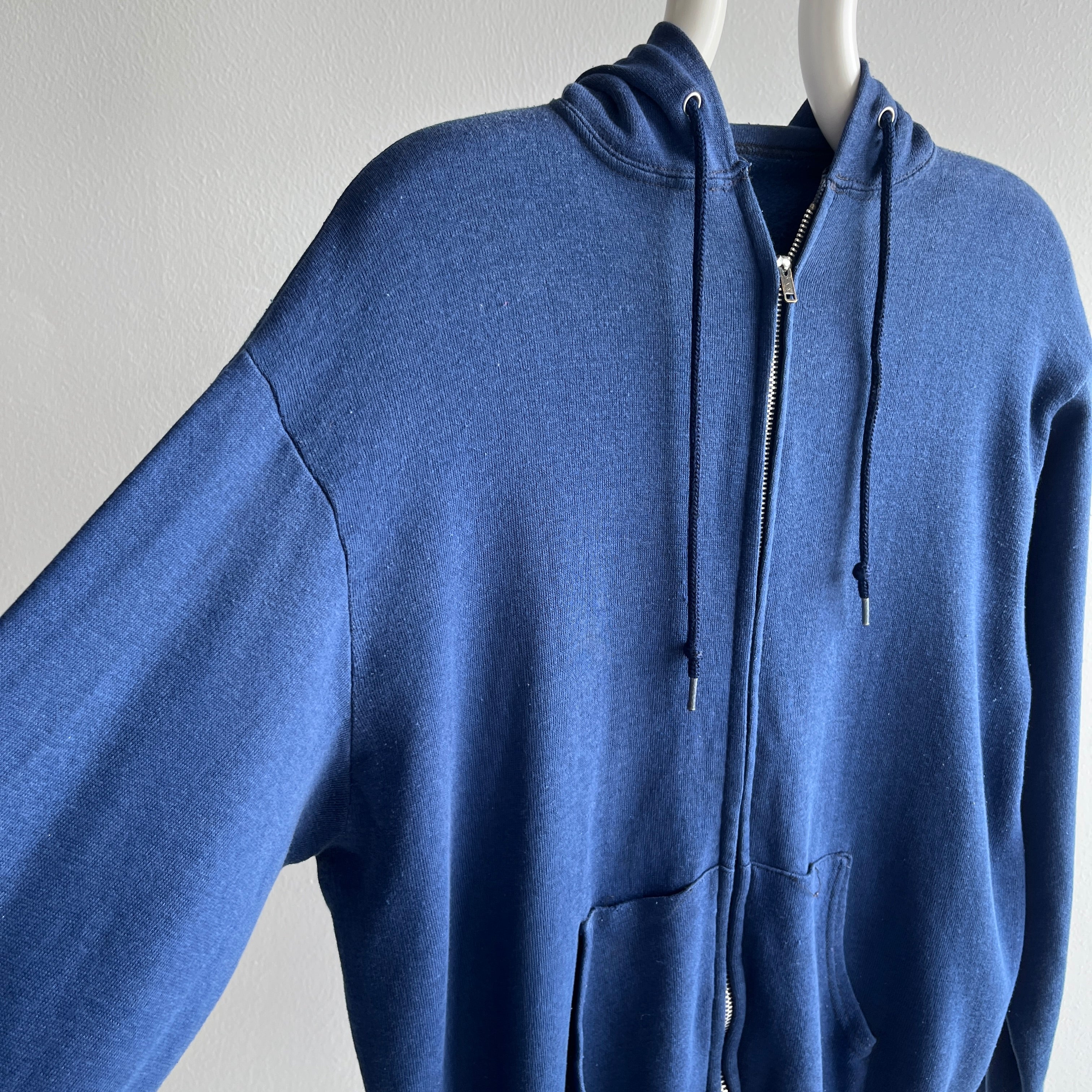 1970/80s Soft and Slouchy Beat Up Faded Navy Zip Up Hoodie Sweatshirt