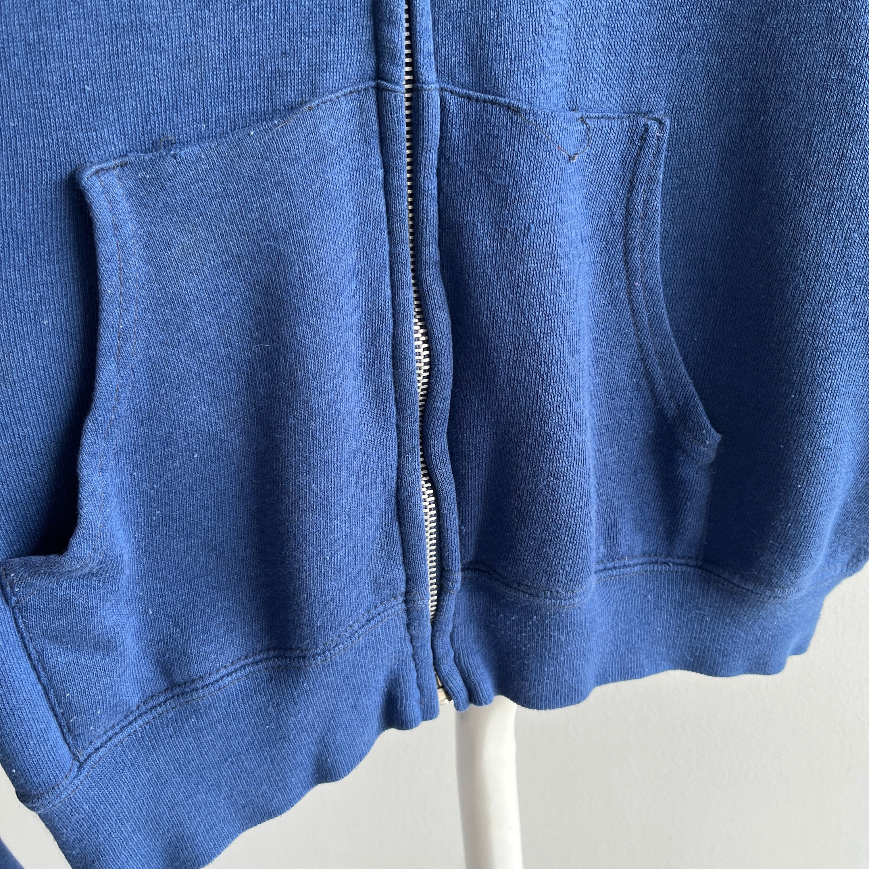 1970/80s Soft and Slouchy Beat Up Faded Navy Zip Up Hoodie Sweatshirt