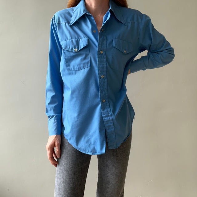 1970s Blue Western Pearl Snap Button Up Shirt