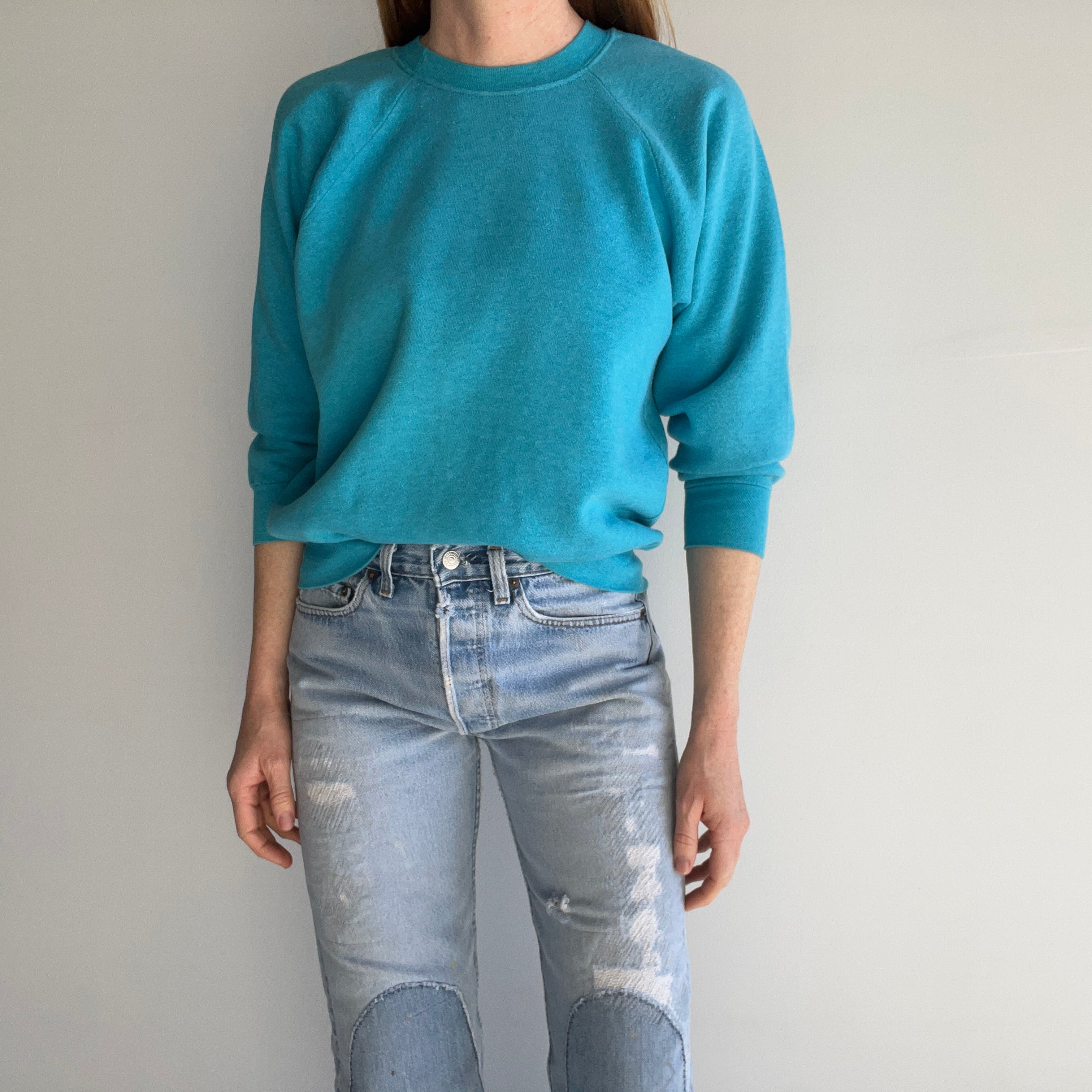 1980s Super Slouchy Teal/Turquoise Raglan with Side Seams