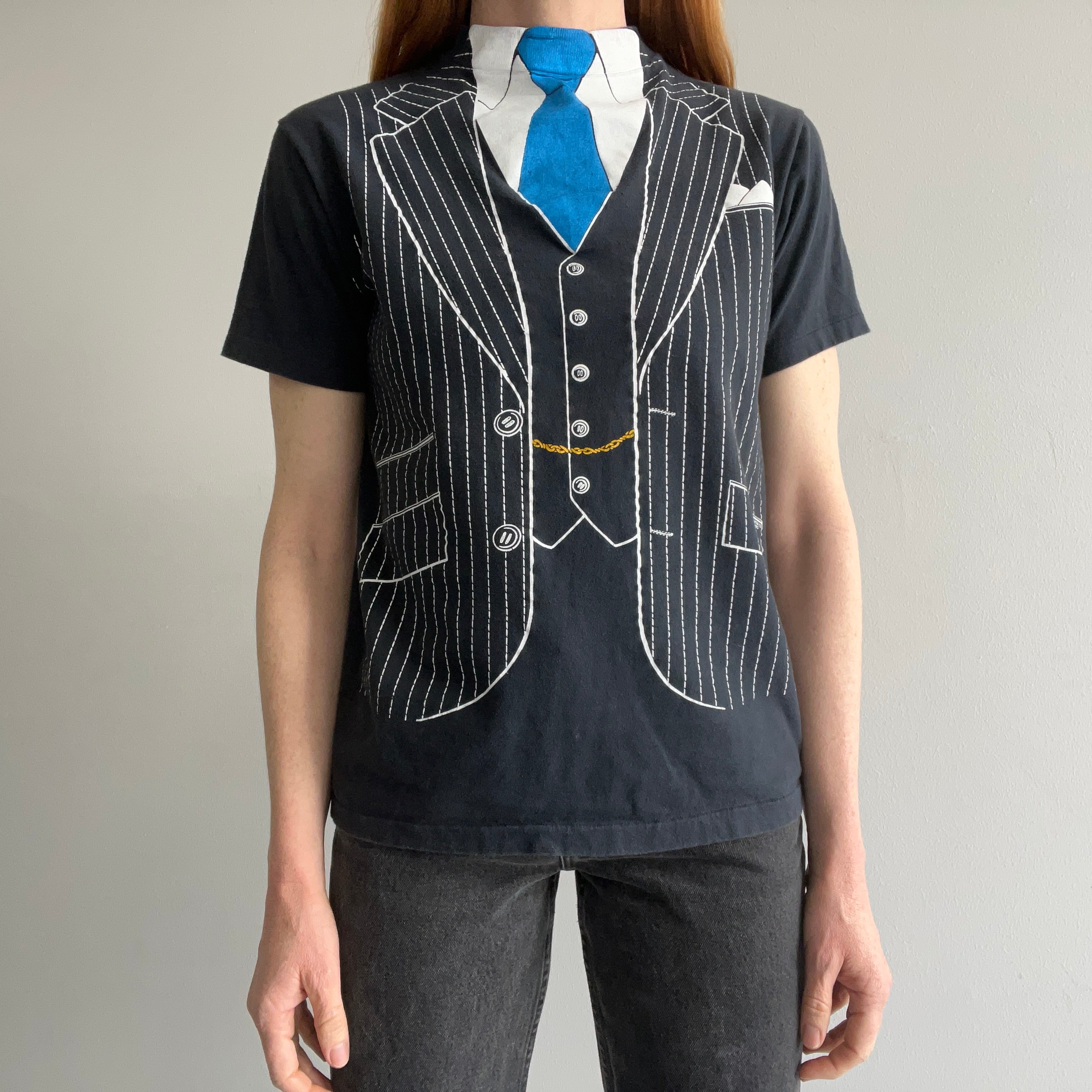 1980 Double Breasted Suit with A Blue Tie and A Mock Neck T-SHirt