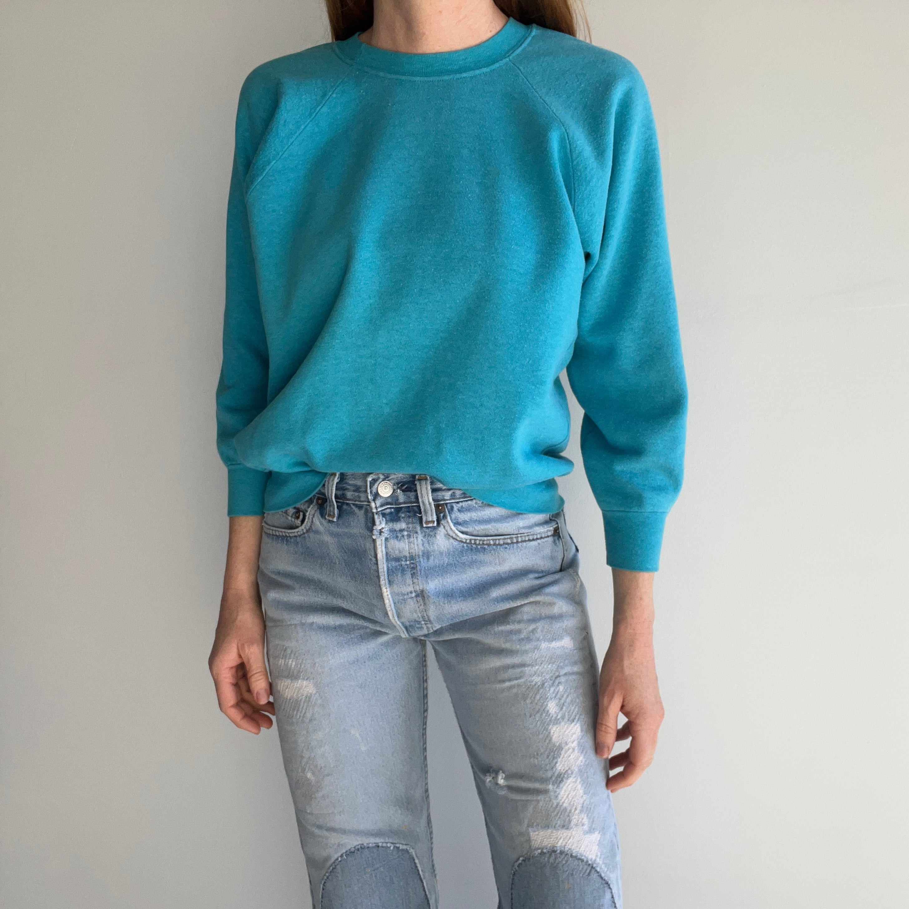 1980s Super Slouchy Teal/Turquoise Raglan with Side Seams