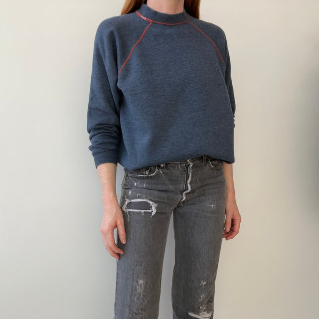 1980s Faded Gray/Blue Navy Sweatshirt with Orange Contrast Stitching - A Beauty