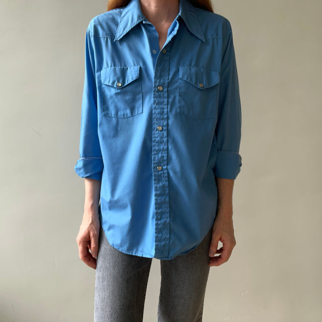 1970s Blue Western Pearl Snap Button Up Shirt