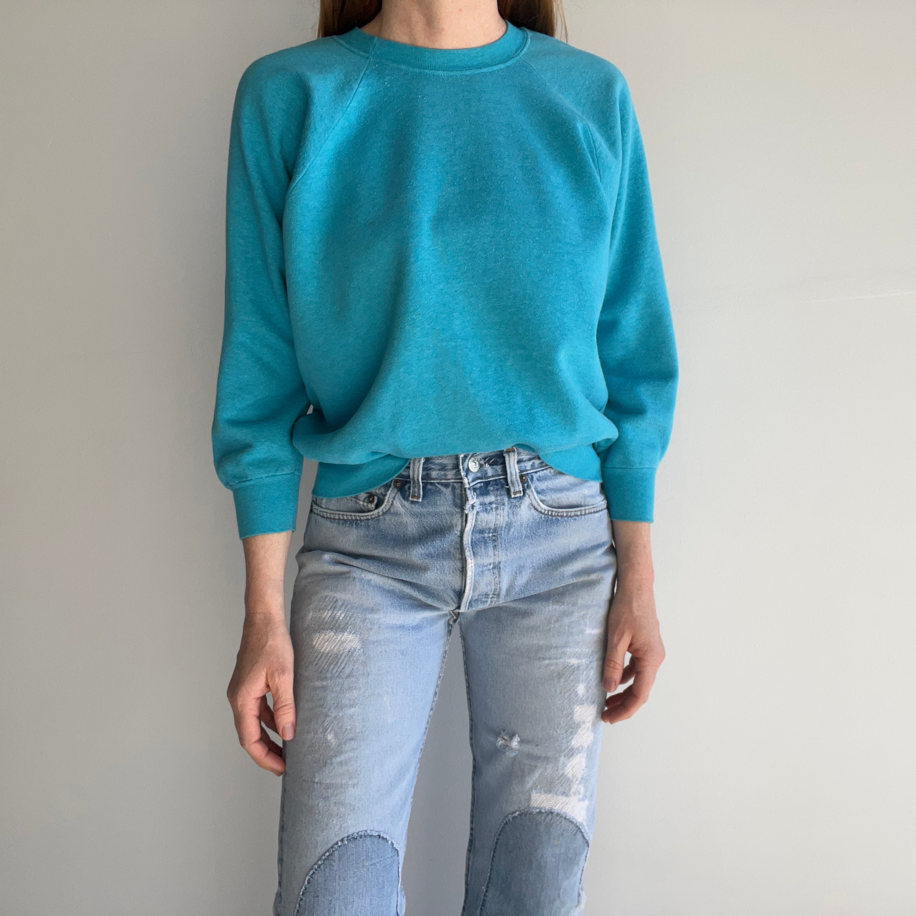 1980s Super Slouchy Teal/Turquoise Raglan with Side Seams