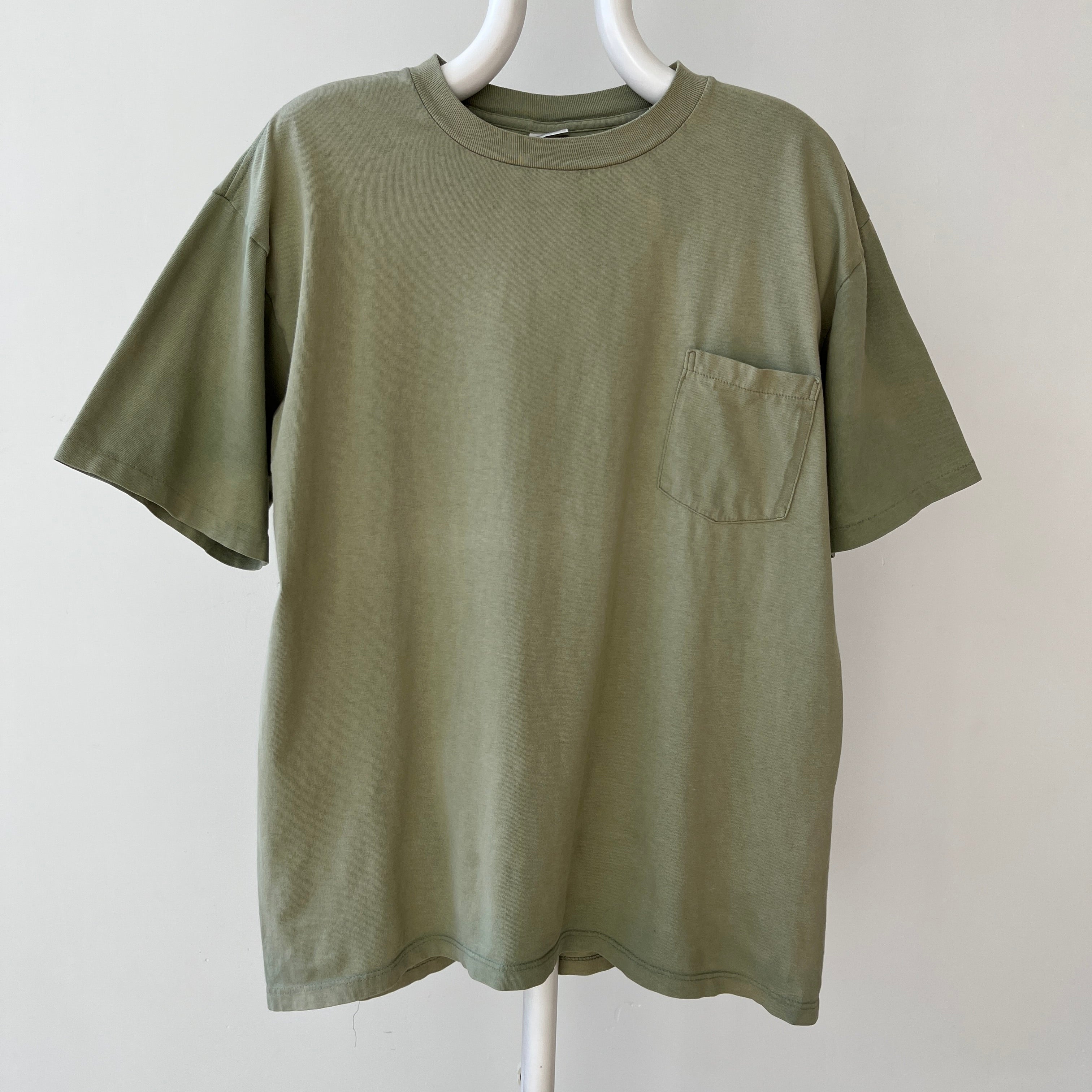 1990s Blank Faded Sage Green Pocket T Shirt