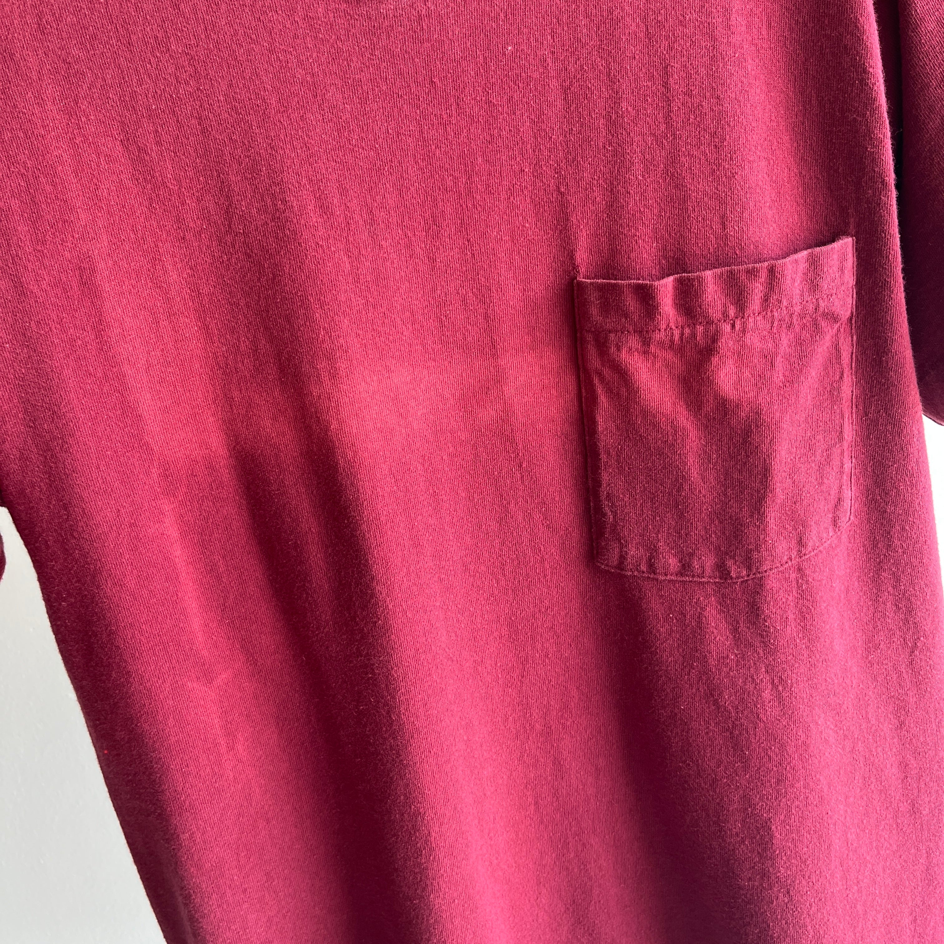 1980s Sun Faded Burgundy/ Merlot/ Cabernet FOTL Pocket T-Shirt - Cotton