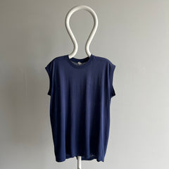 1980s Super Faded, Thin and Stained Navy Former Pocket Muscle Tank