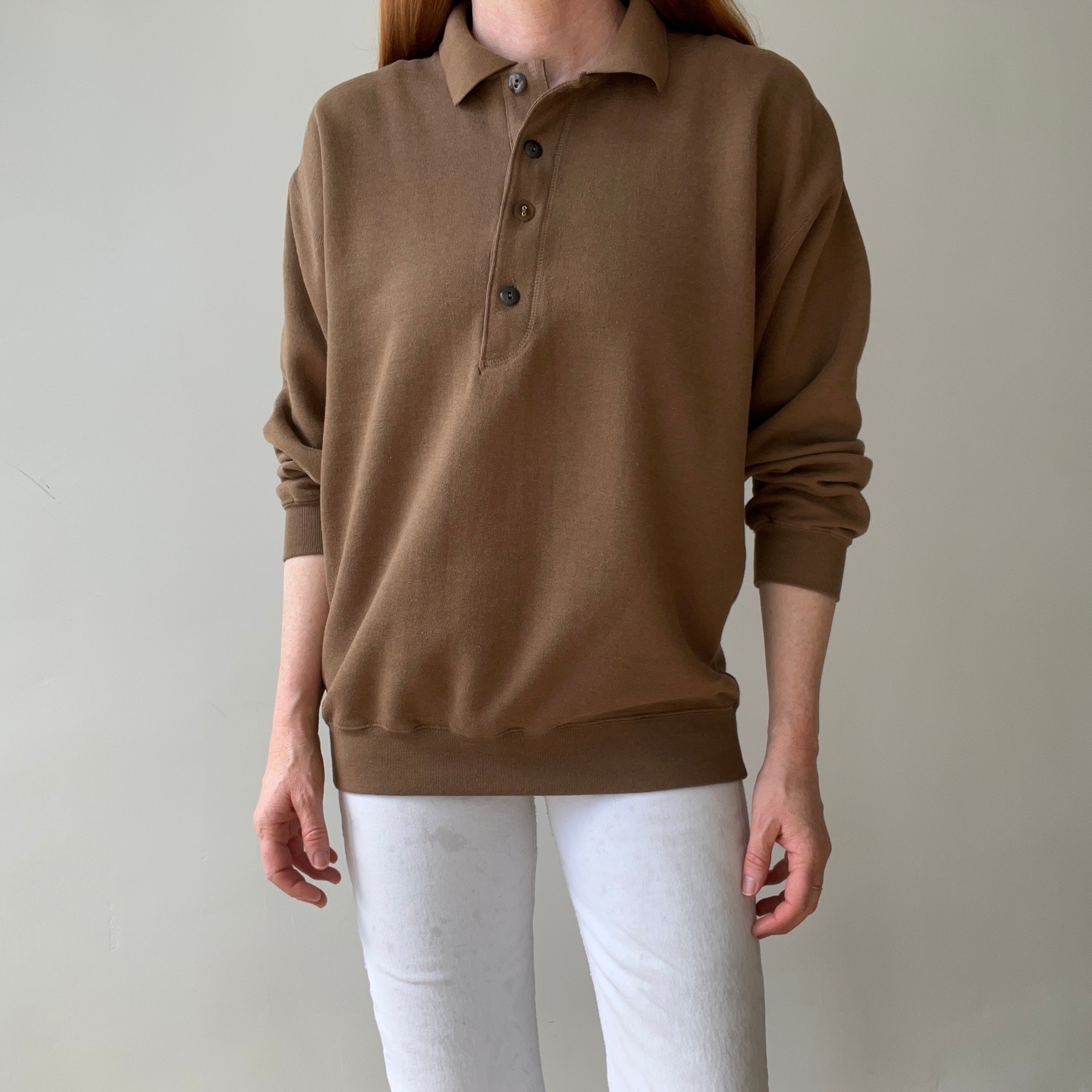 1990s Caramel Brown Henley Sweatshirt with a Replaced Button