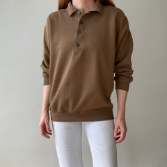 1990s Caramel Brown Henley Sweatshirt with a Replaced Button