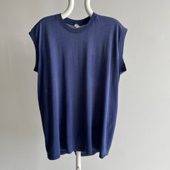 1980s Super Faded, Thin and Stained Navy Former Pocket Muscle Tank
