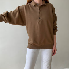 1990s Caramel Brown Henley Sweatshirt with a Replaced Button