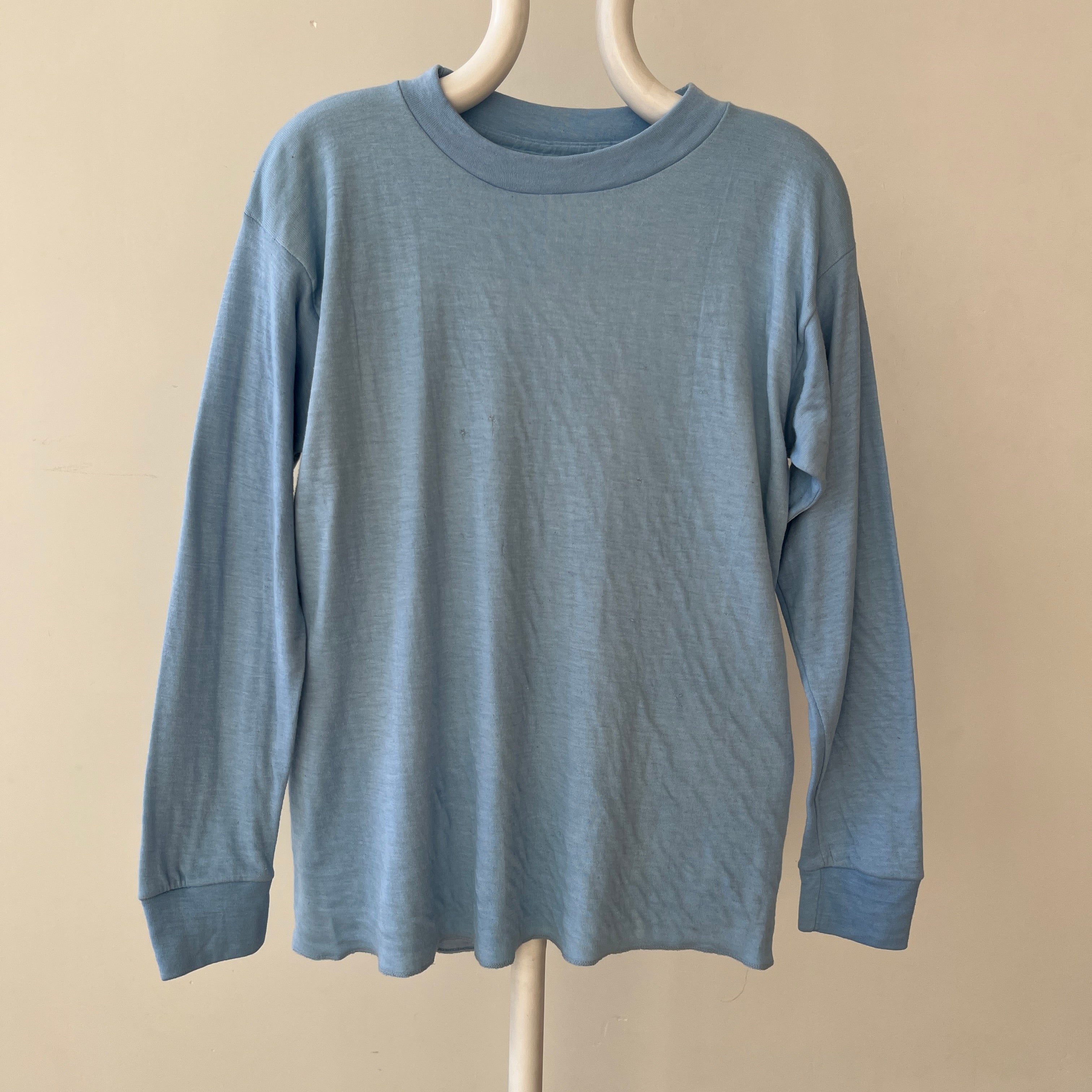 1970s Blank Baby Blue Double Layered Long Sleeve Shirt - Long Johns Style