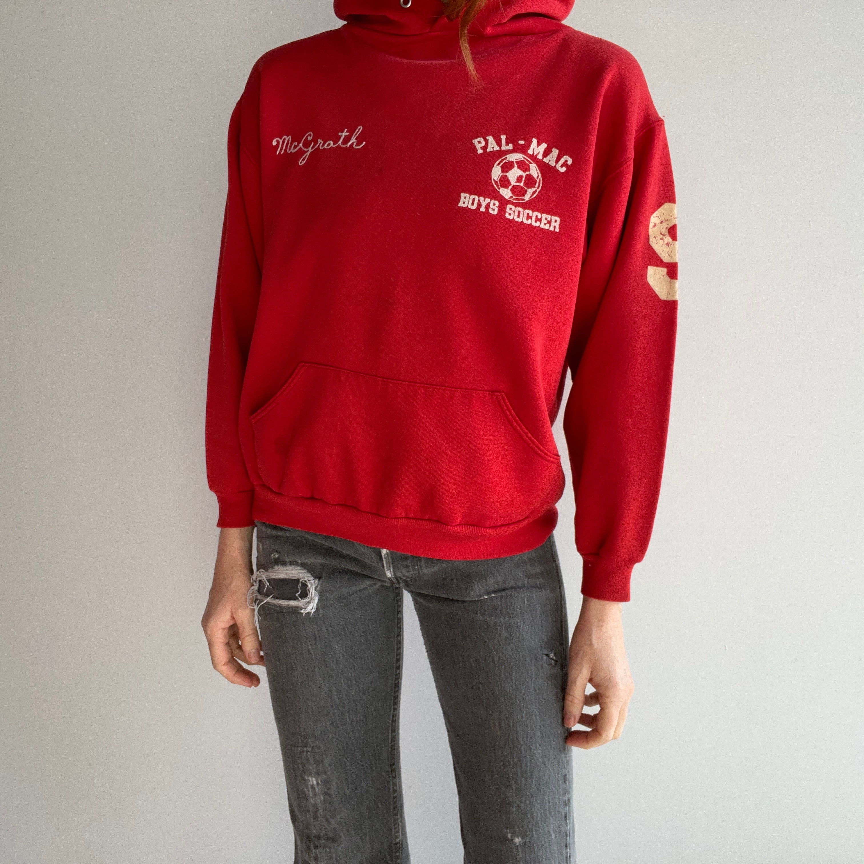 1970s Russell Brand Chain Stitched Rad Red Hoodie - Sun Faded - IYKYK