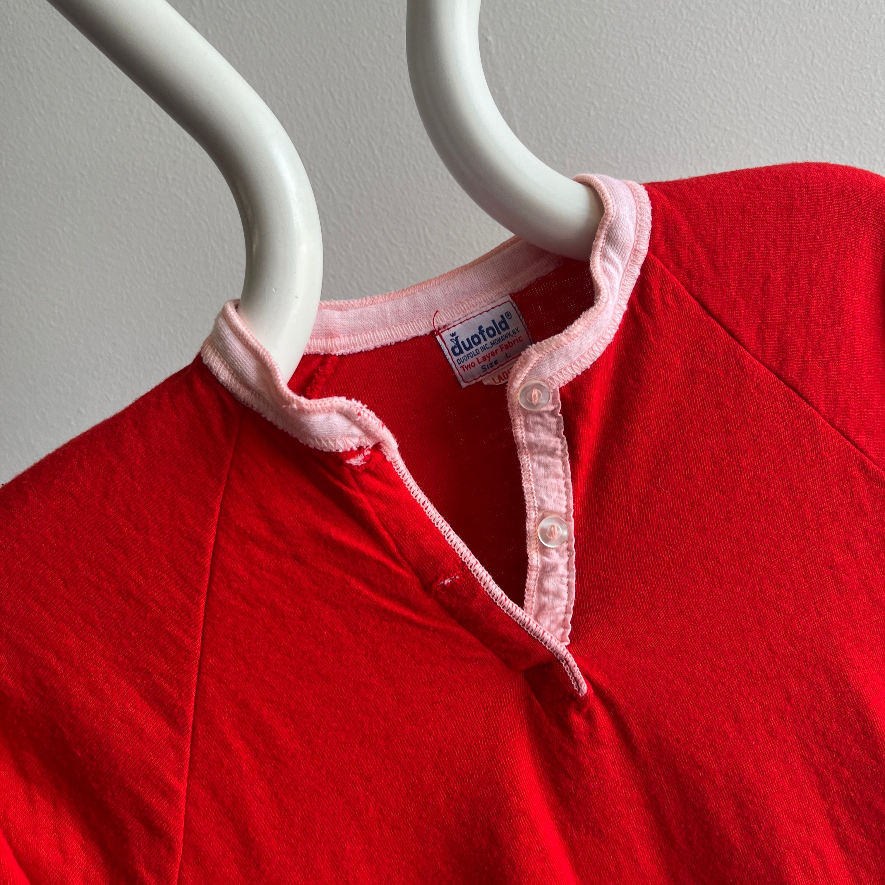 1970/80s DuoFold Two Tone Henley - Soft and Cozy - Red and White