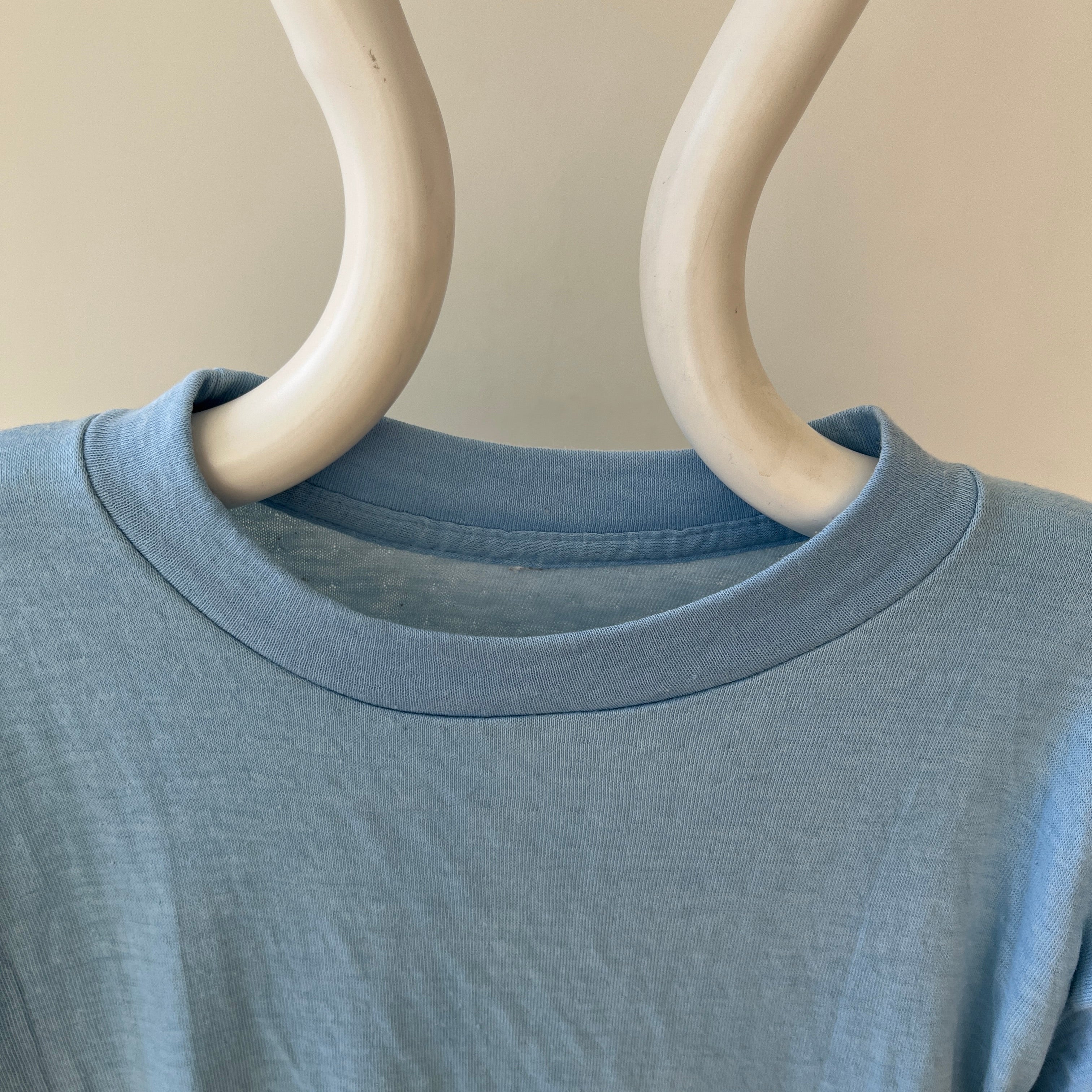 1970s Blank Baby Blue Double Layered Long Sleeve Shirt - Long Johns Style