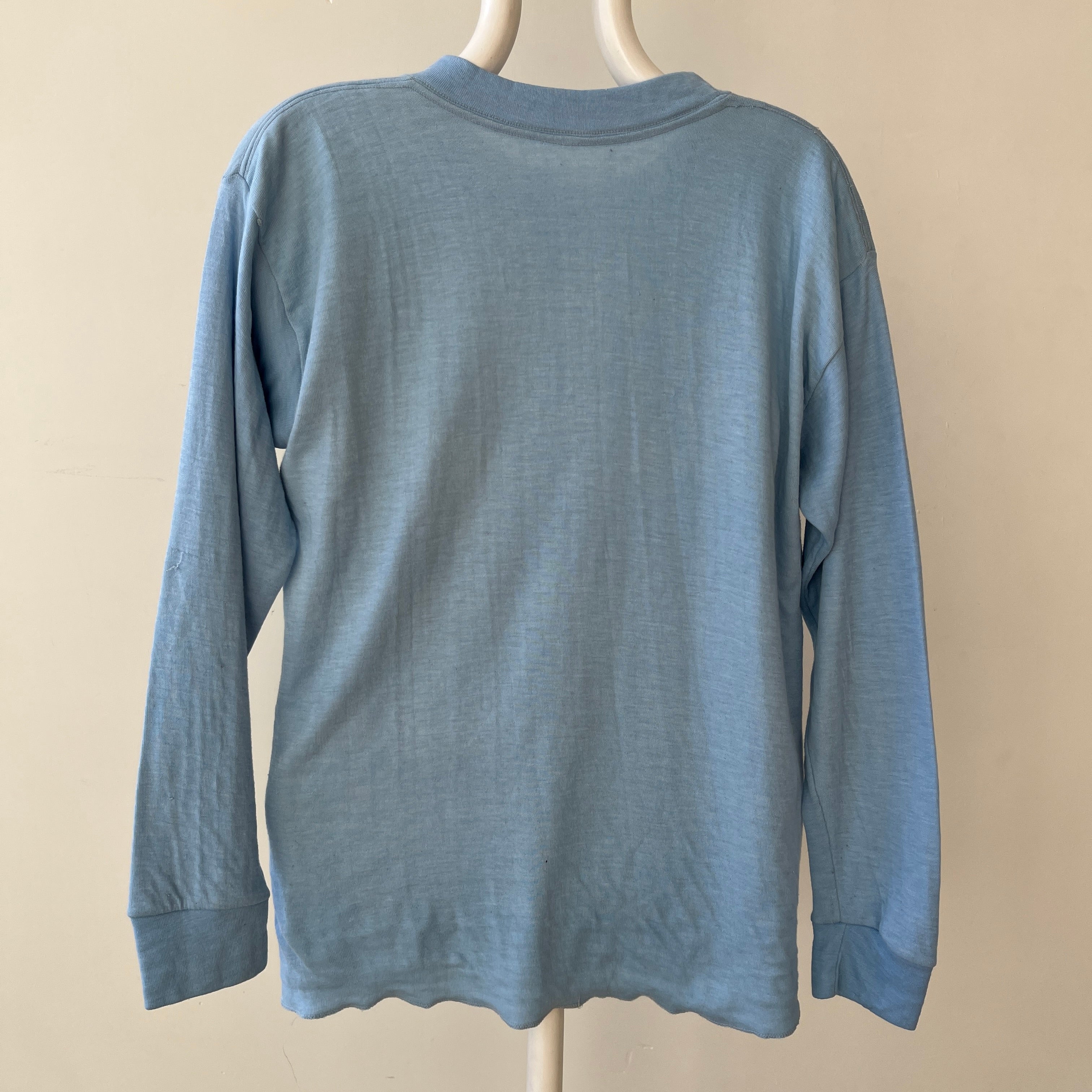 1970s Blank Baby Blue Double Layered Long Sleeve Shirt - Long Johns Style