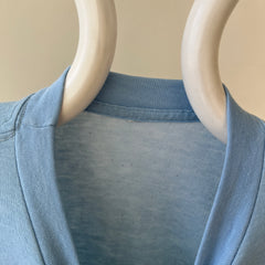 1970s Blank Baby Blue Double Layered Long Sleeve Shirt - Long Johns Style