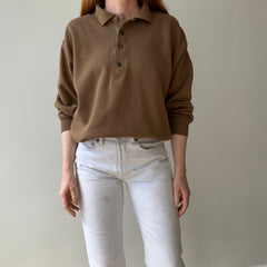1990s Caramel Brown Henley Sweatshirt with a Replaced Button