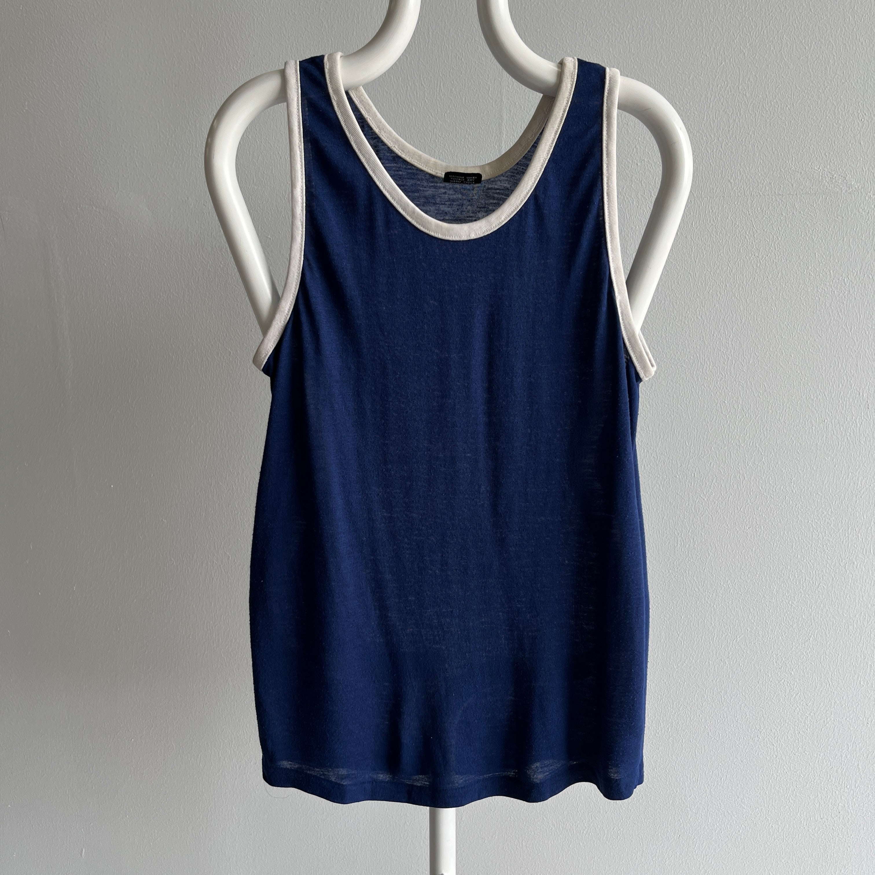 1970s Navy and White Thin and Slouchy Lovely Tank Top