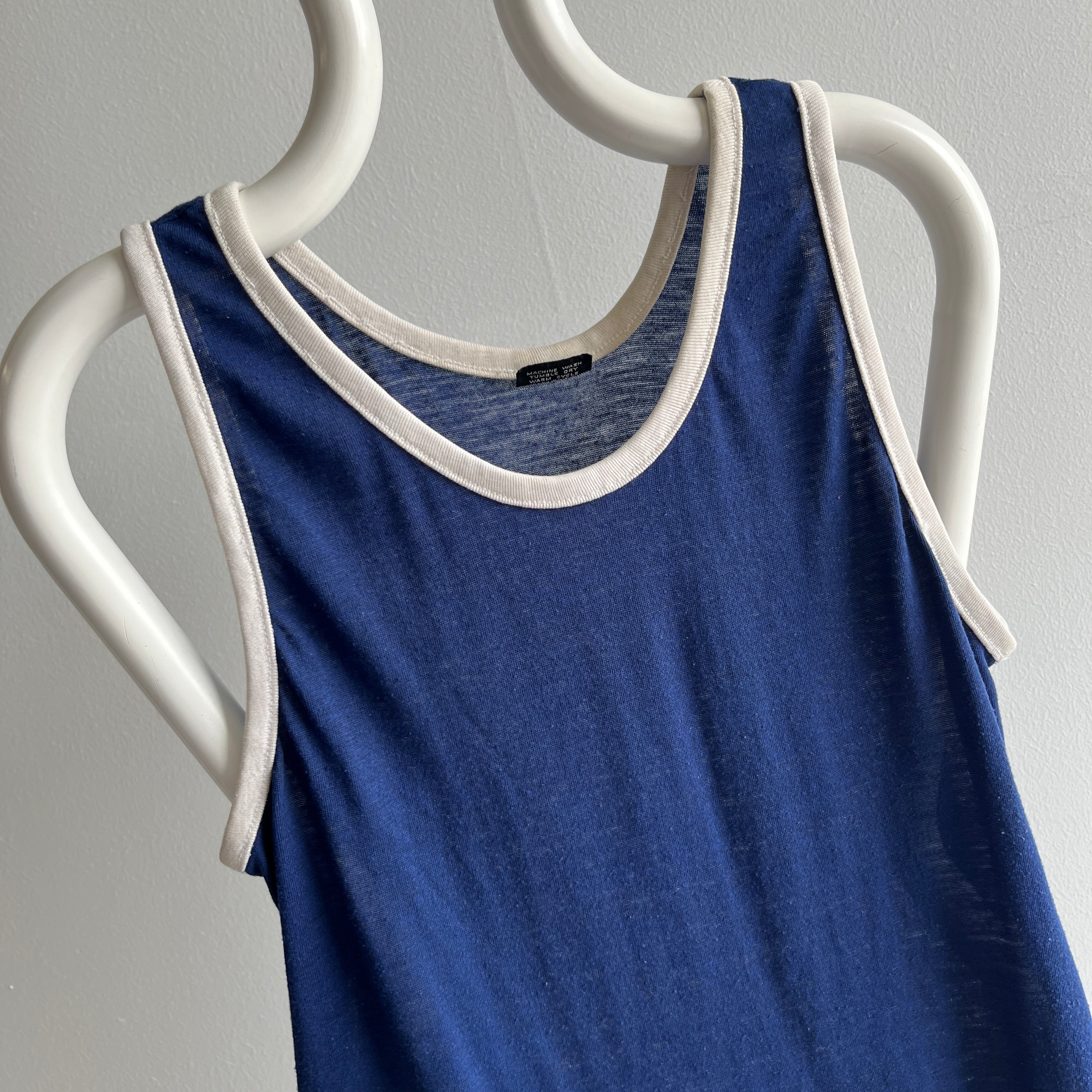 1970s Navy and White Thin and Slouchy Lovely Tank Top