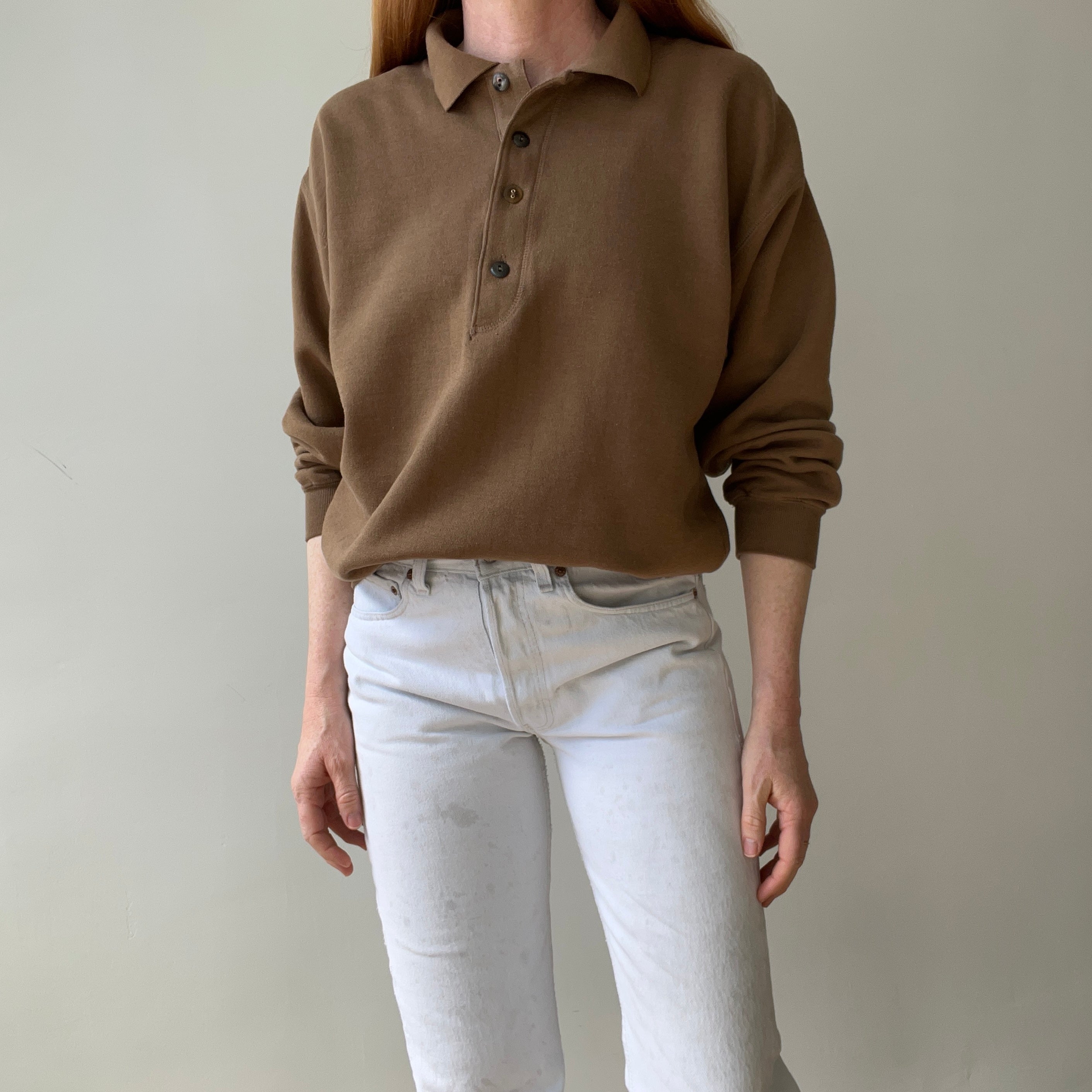 1990s Caramel Brown Henley Sweatshirt with a Replaced Button