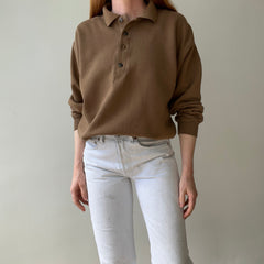 1990s Caramel Brown Henley Sweatshirt with a Replaced Button