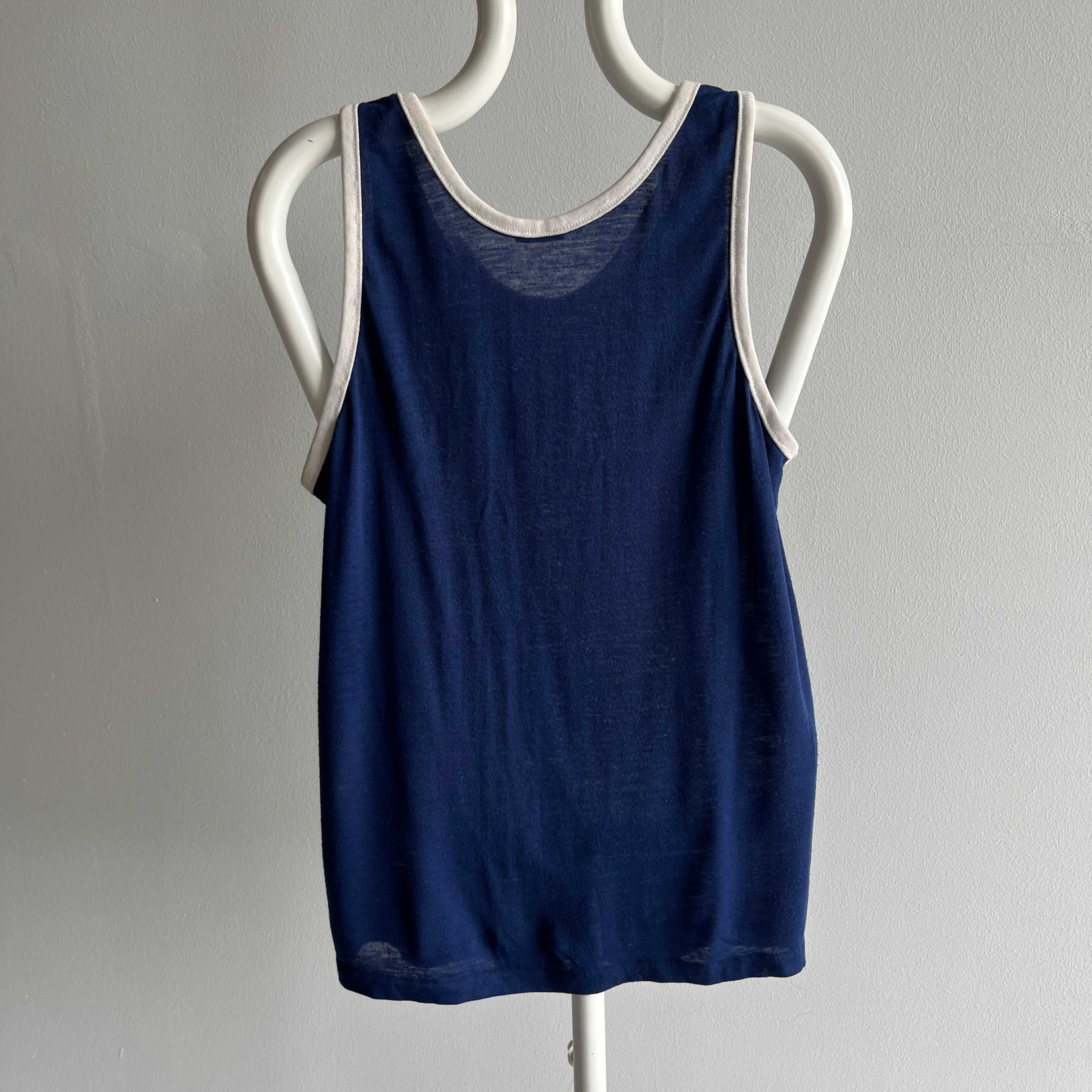 1970s Navy and White Thin and Slouchy Lovely Tank Top