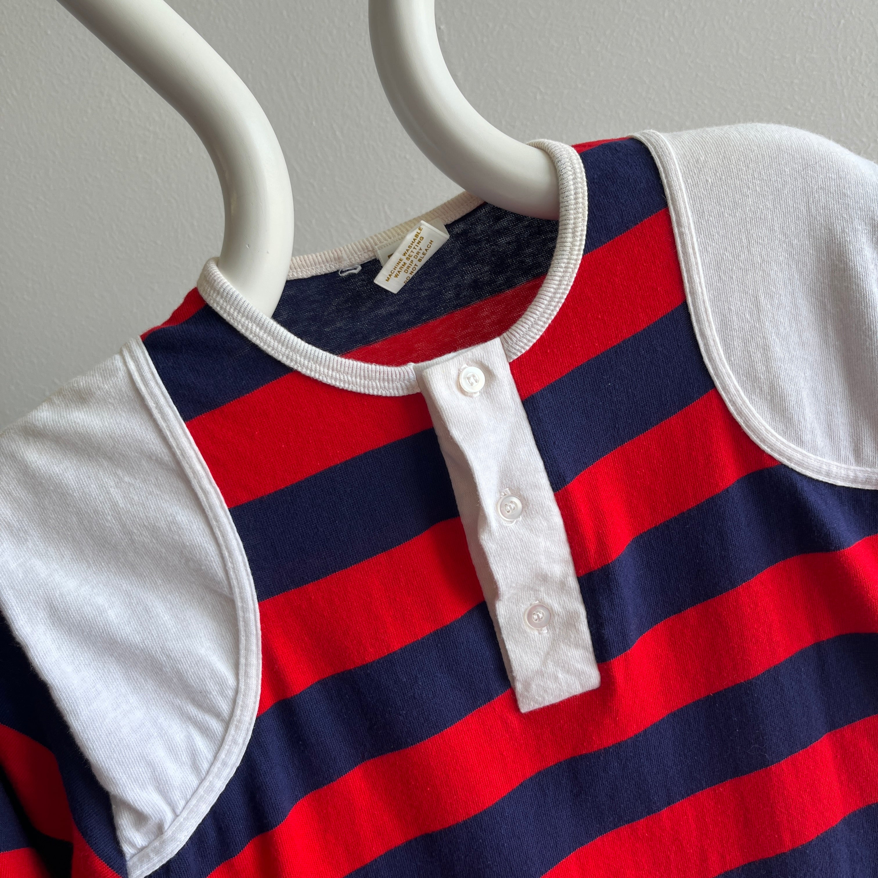 1980s Red and Navy Striped Henley T-Shirt with White SHoulder Patches - !!!!!