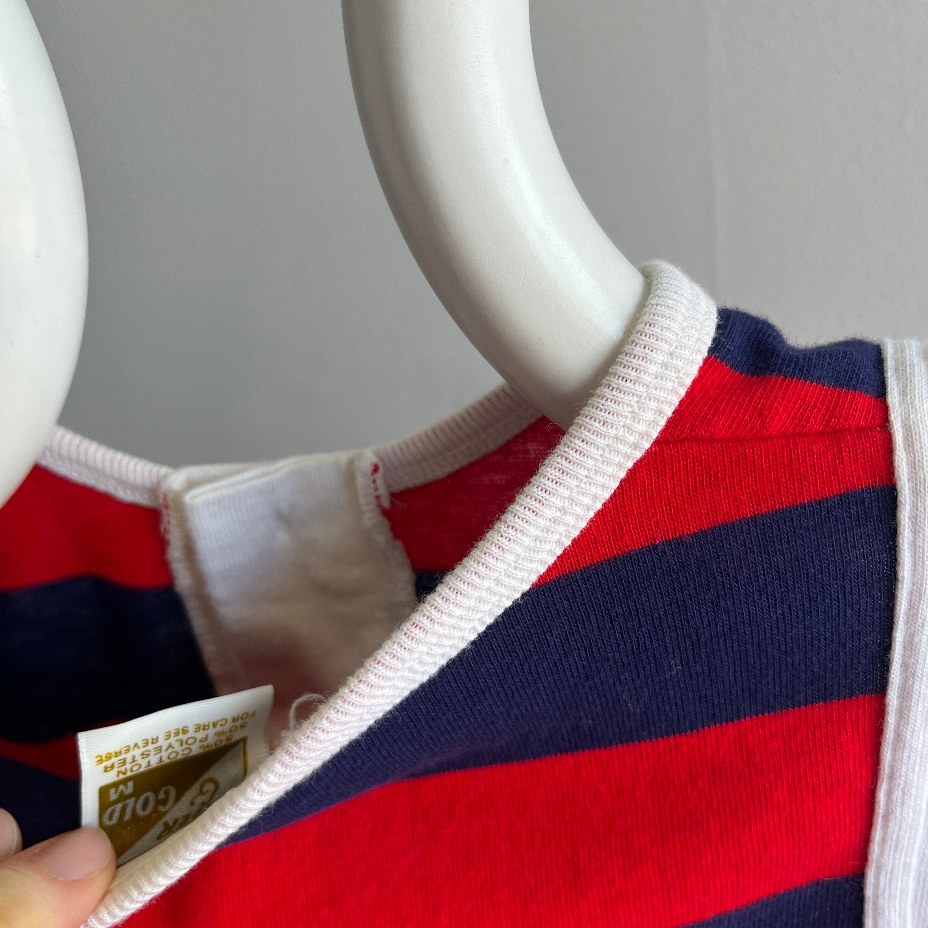 1980s Red and Navy Striped Henley T-Shirt with White SHoulder Patches - !!!!!