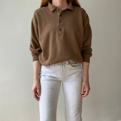 1990s Caramel Brown Henley Sweatshirt with a Replaced Button