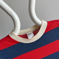 1980s Red and Navy Striped T-Shirt with White Collar  Swoooooon Worthy!