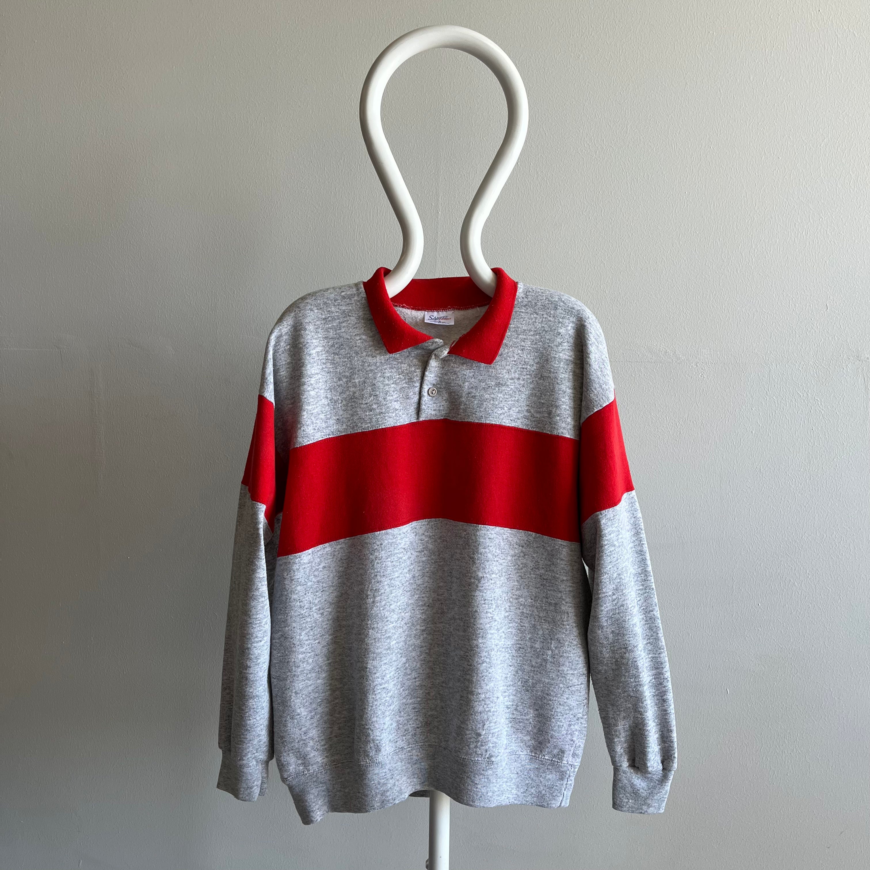 1980s Color Block Polo Sweatshirt - Red and Gray