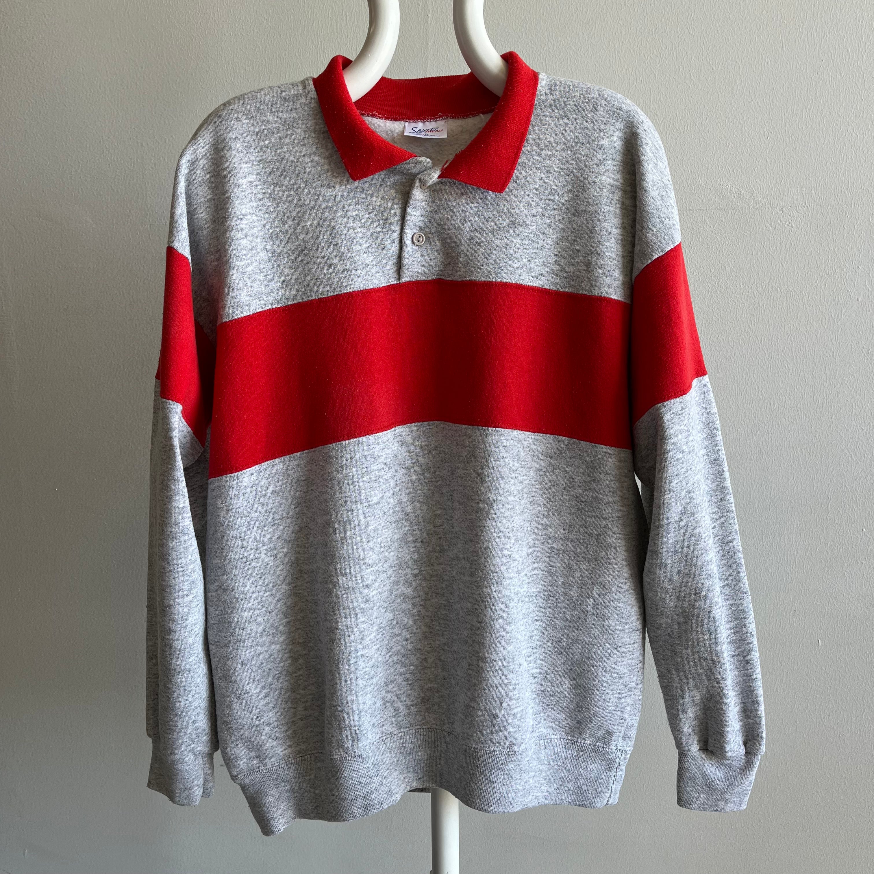 1980s Color Block Polo Sweatshirt - Red and Gray