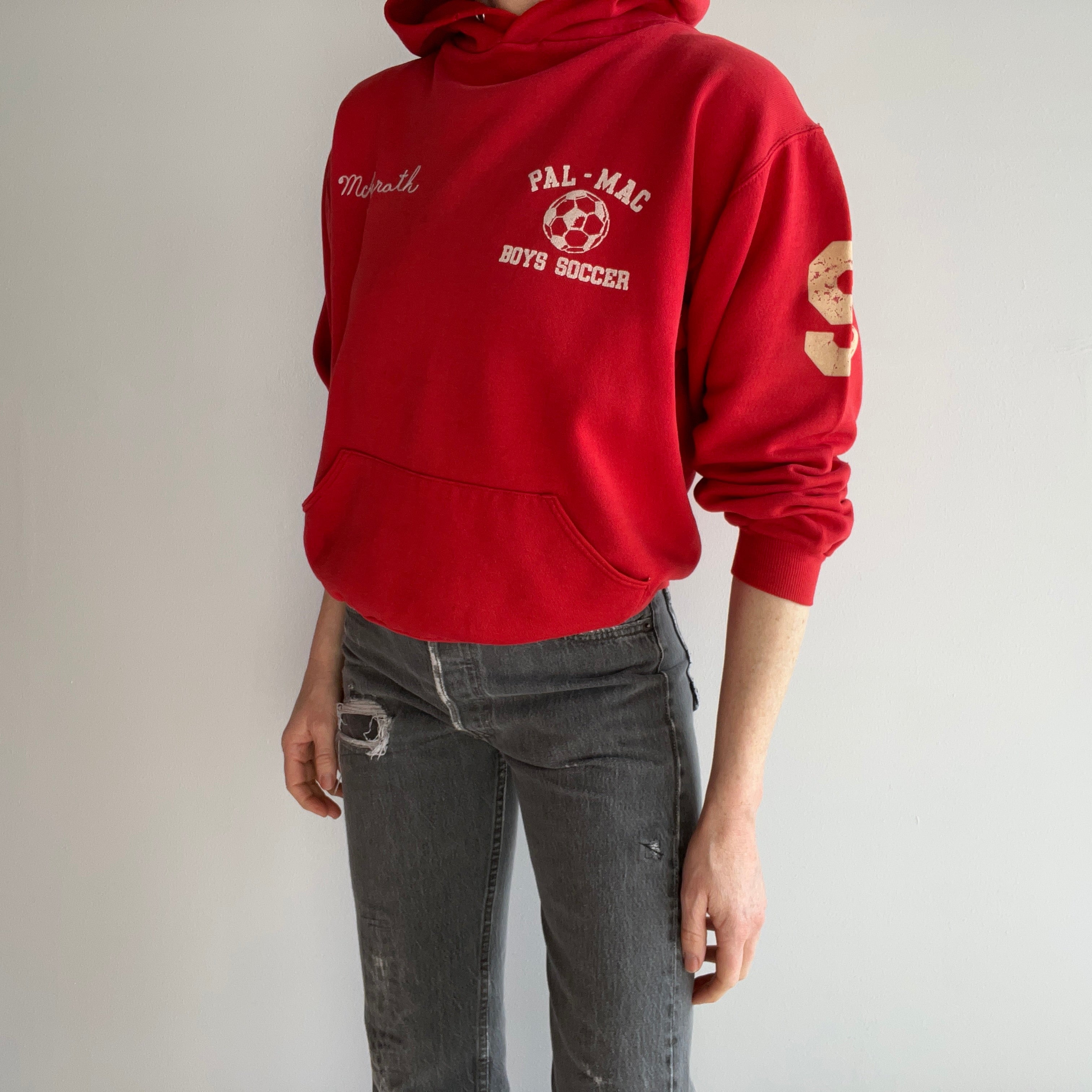 1970s Russell Brand Chain Stitched Rad Red Hoodie - Sun Faded - IYKYK