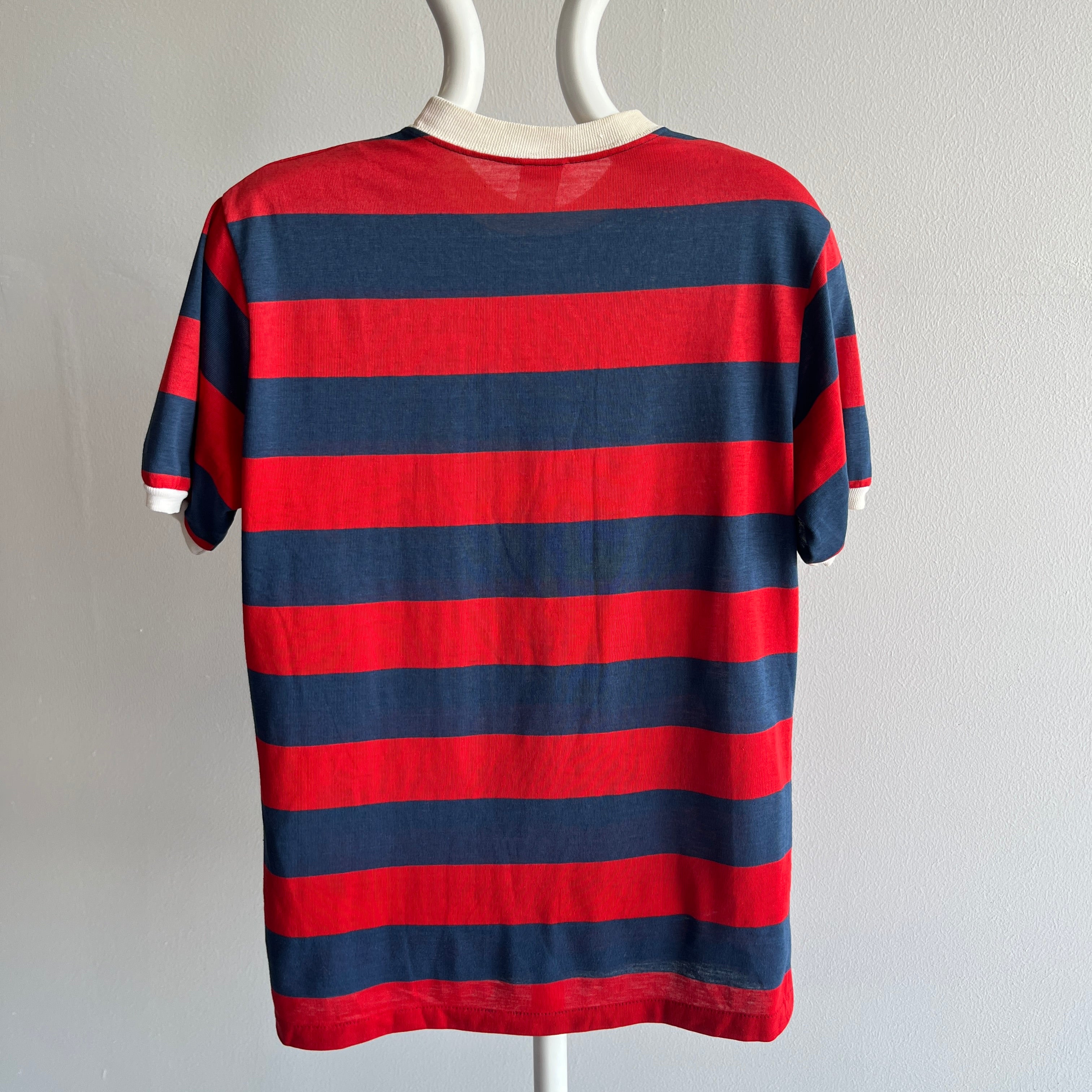 1980s Red and Navy Striped T-Shirt with White Collar  Swoooooon Worthy!