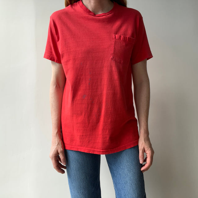 1970/80s Nicely Beat Up Blank Red Cotton Pocket T-Shirt by Hanes (the old tag)